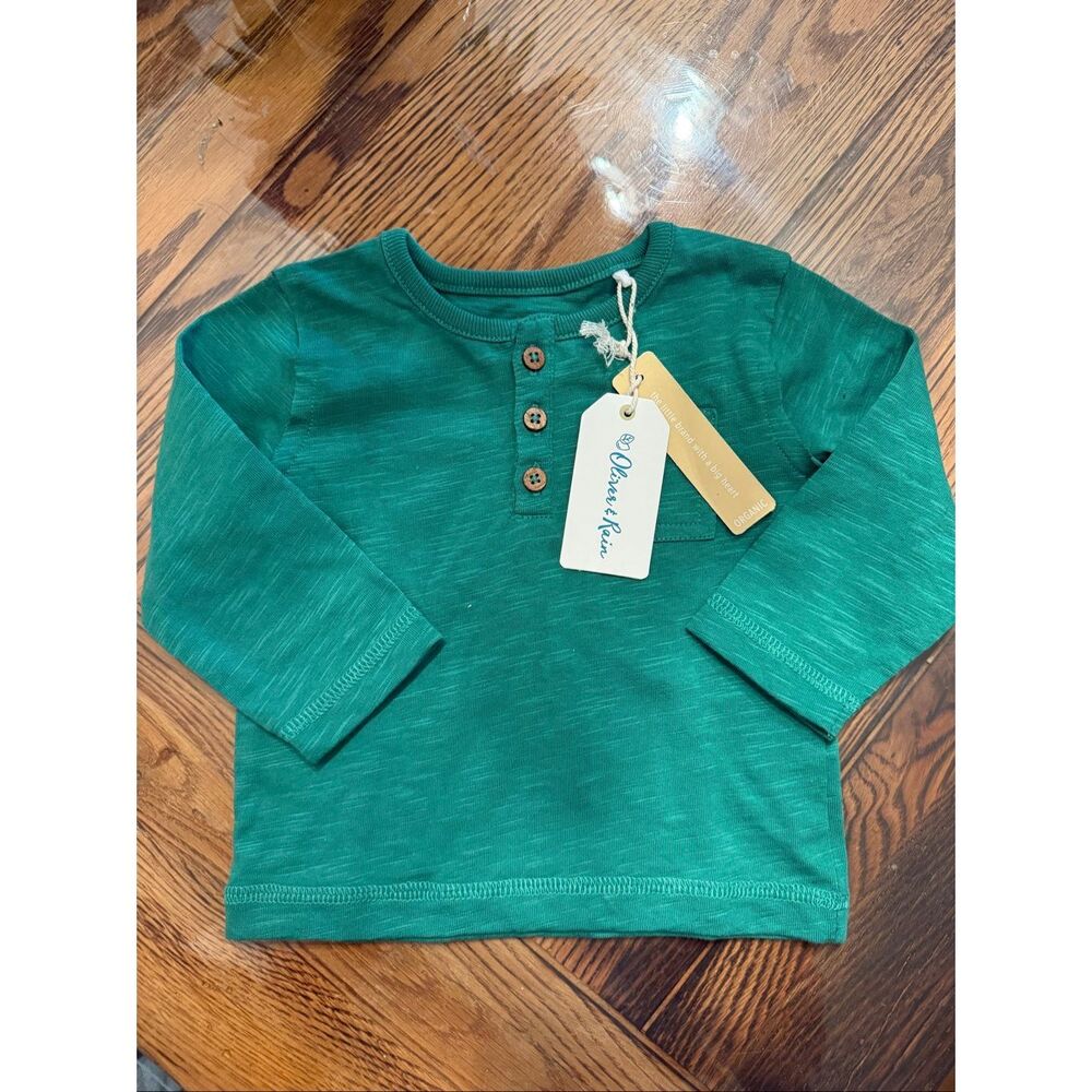 Oliver & Rain Green Squirrels Cotton Graphic Henley T-Shirt Size 3-6‎ Months NWT